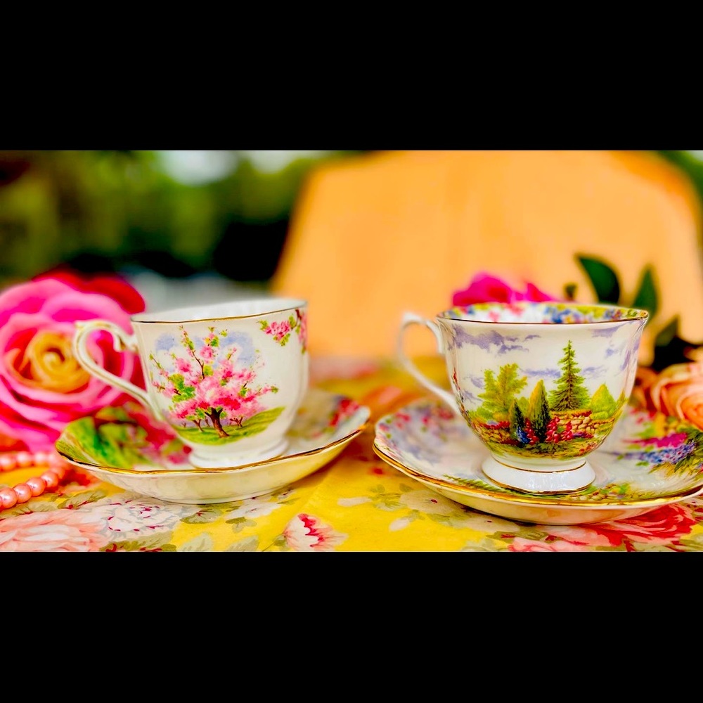 2 Royal Albert teacups , “Blossom time” & Kentish rockery made in England